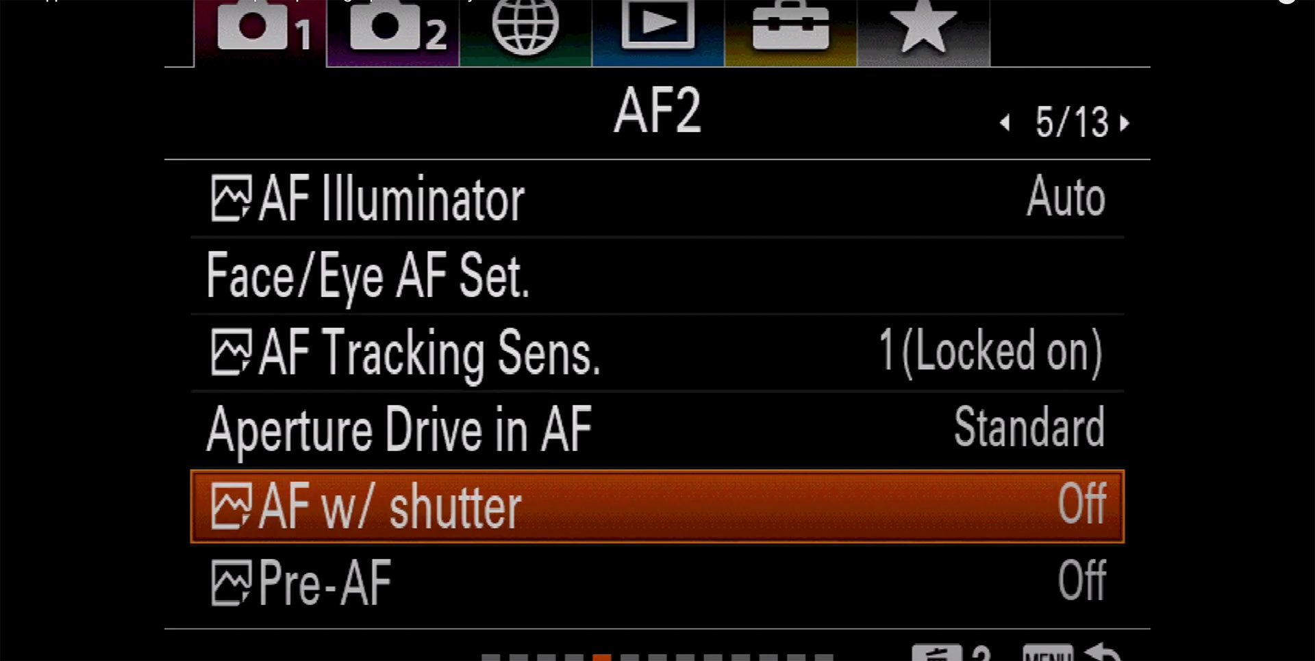 paramètres autofocus AF shutter OFF
